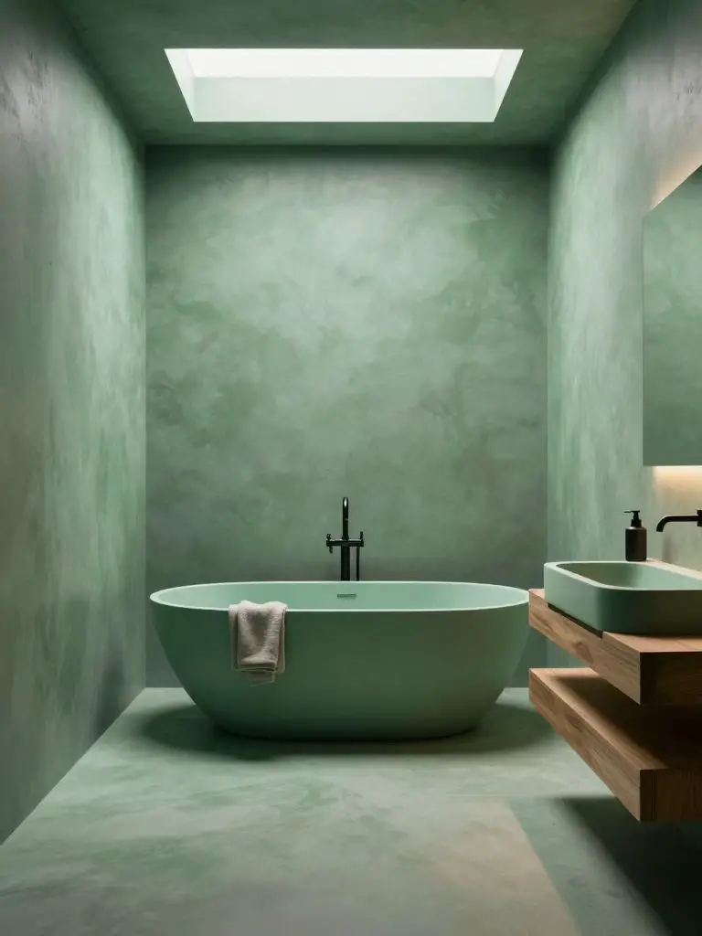A minimalist spa-inspired emerald green bathroom with smooth matte emerald plaster walls and a sculptural oval soaking tub as the central fo.