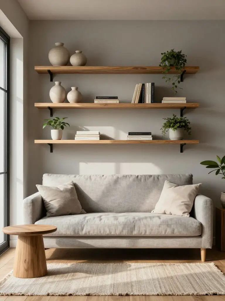 Compact sustainable living room featuring floating FSC-certified wood shelves mounted above a neutral gray linen sofa.