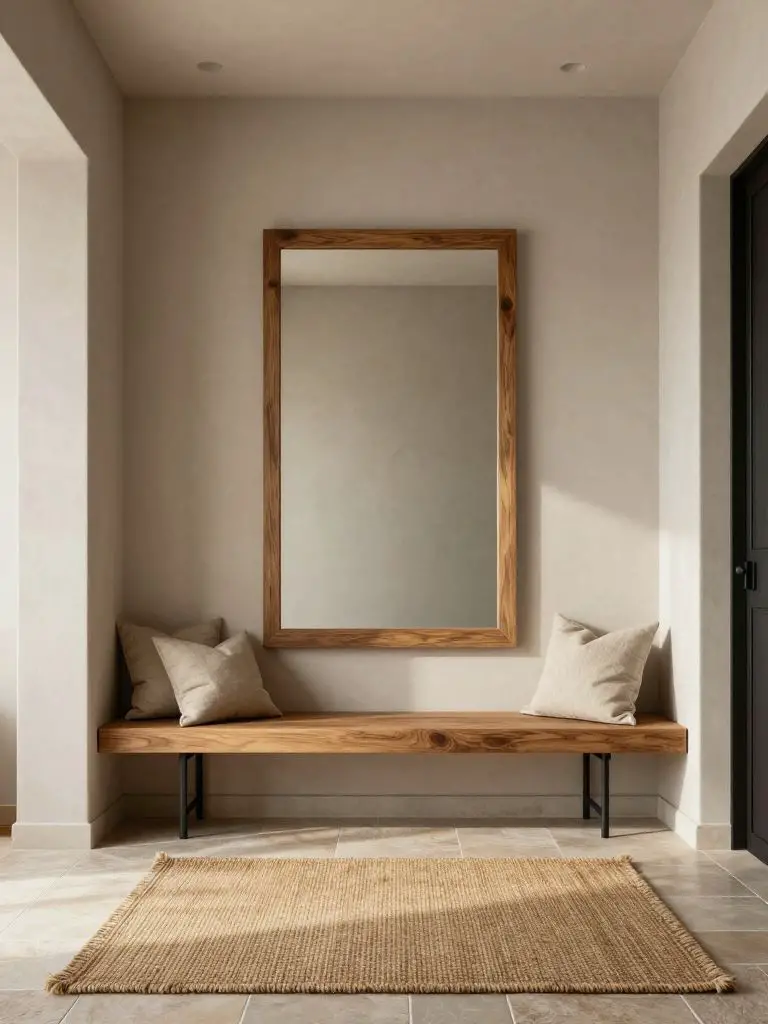 A minimalist Japandi hallway featuring a floating wood bench mounted against a soft greige wall.