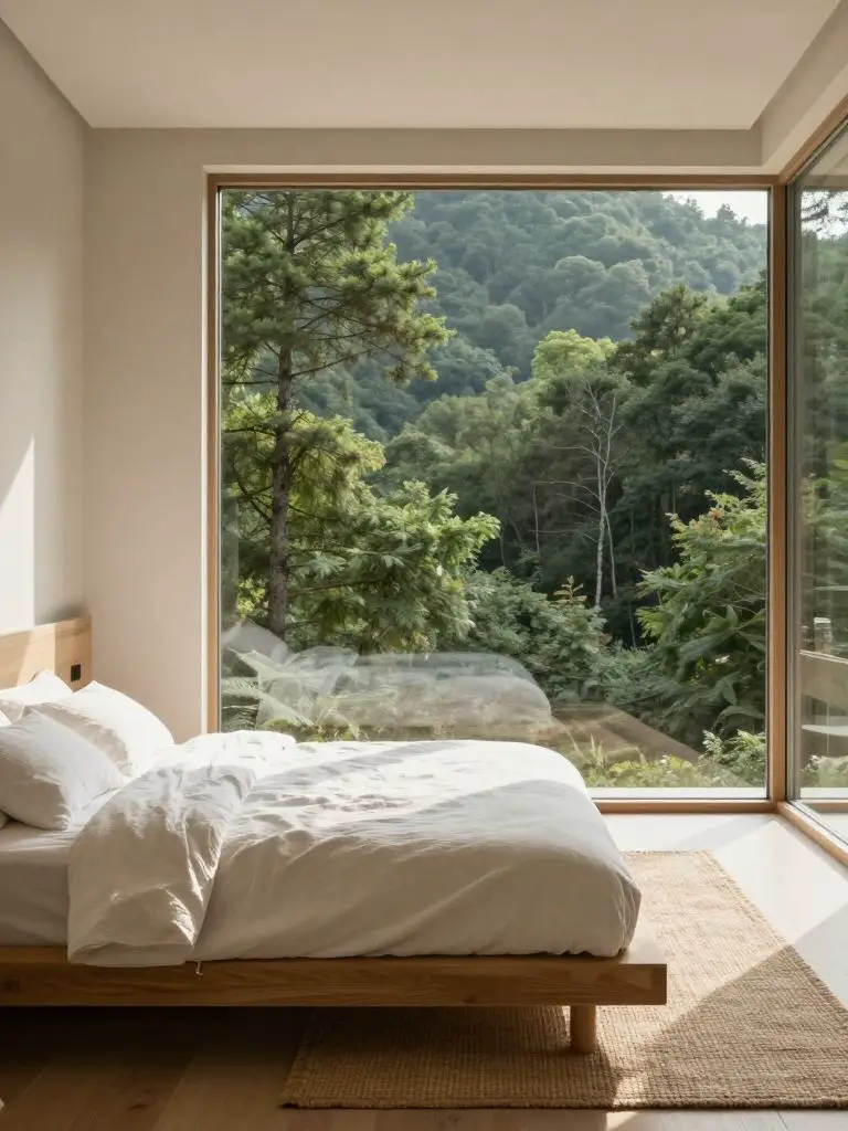 A minimalist mountain cabin bedroom featuring a floor-to-ceiling picture window framing a lush forest view.