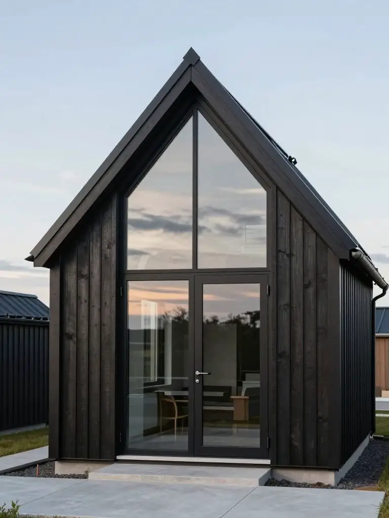 A minimalist Nordic small cabin idea with a striking glass gable façade and dark vertical cladding.