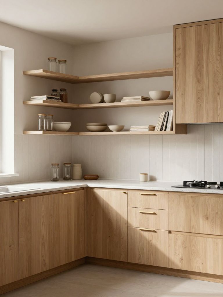 A warm minimalist earthy kitchen featuring full-height light oak cabinetry with flat-panel doors and slim brass-toned pulls.