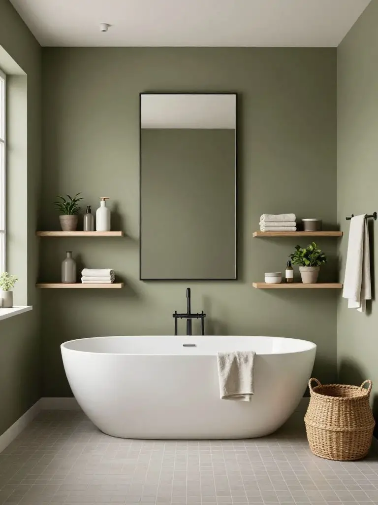 A minimalist olive green bathroom with a centered freestanding tub and floating shelves for open storage.