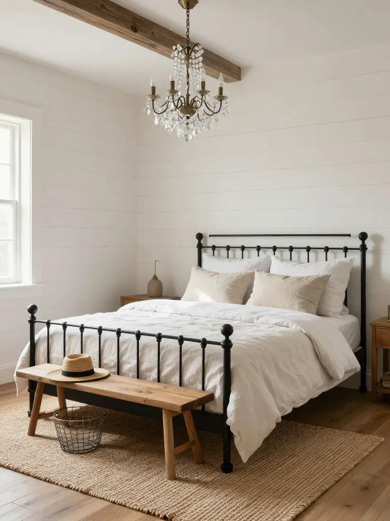 A minimal rustic bedroom designed in Modern Farmhouse style with a black iron bed frame as the focal subject.