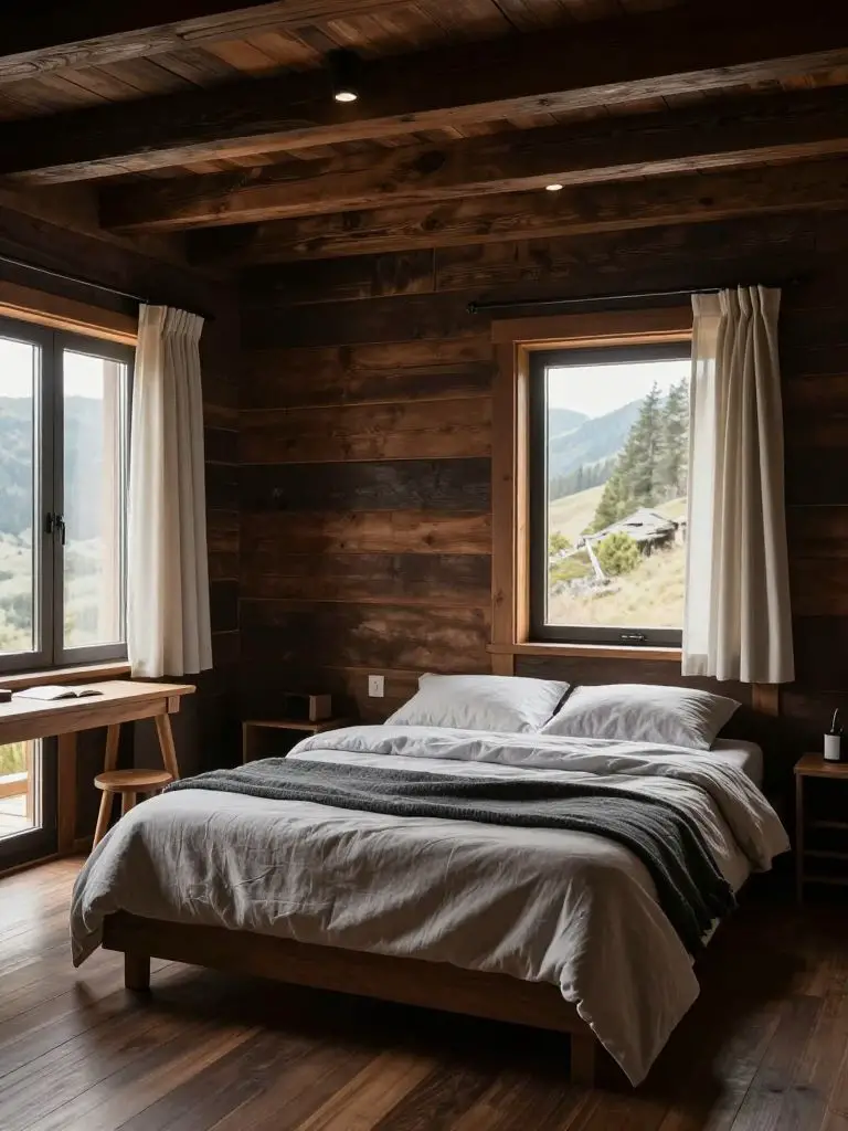 A minimalist rustic mountain cabin bedroom with dark-stained wood plank walls and exposed ceiling beams.
