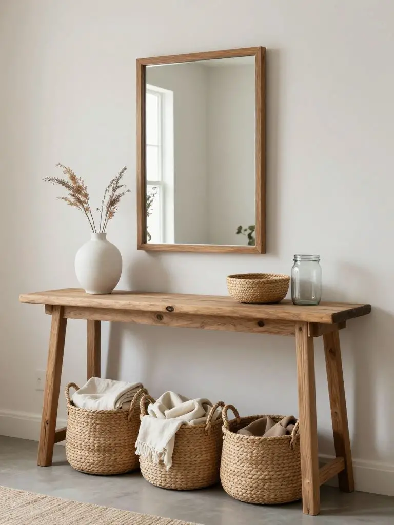 A minimalist rustic console vignette styled in eco friendly fashion.