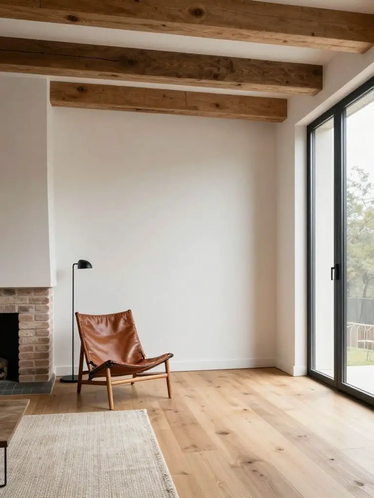 A minimalist modern rustic corner defined by raw structural wood beams and wide-plank hardwood flooring.