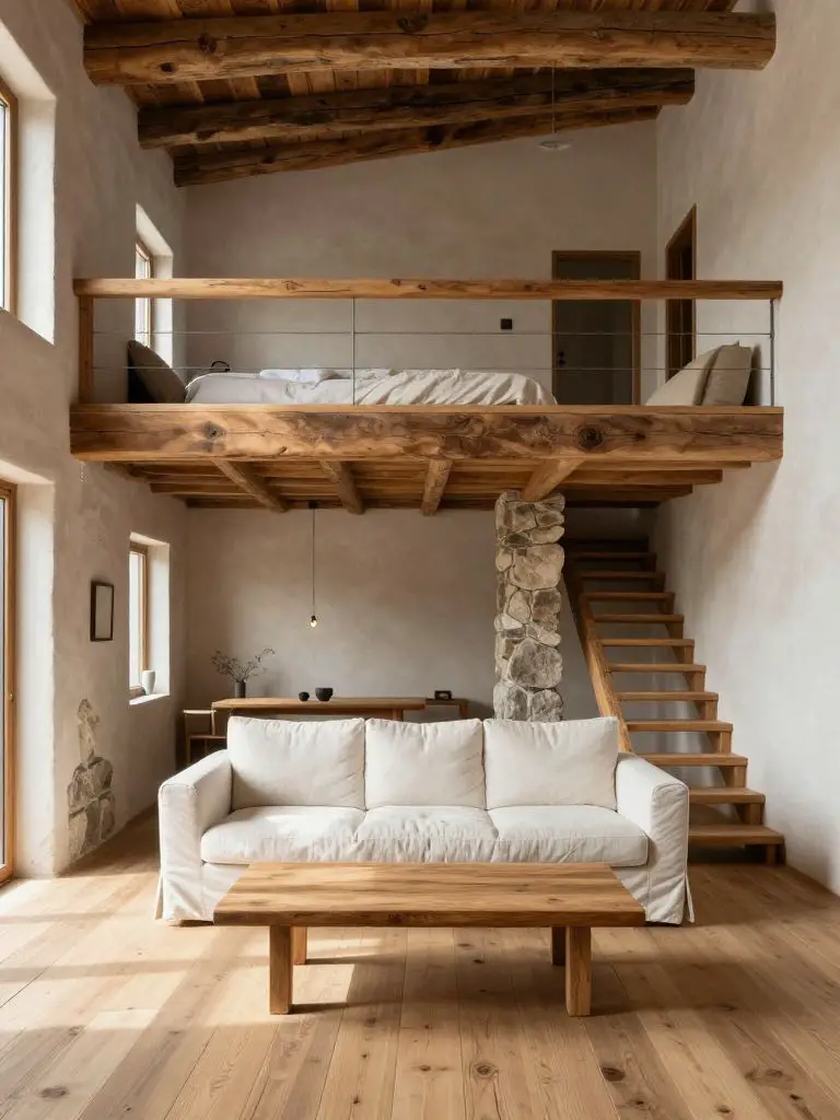 A minimal rustic mountain cottage interior with an open mezzanine and exposed timber structure.