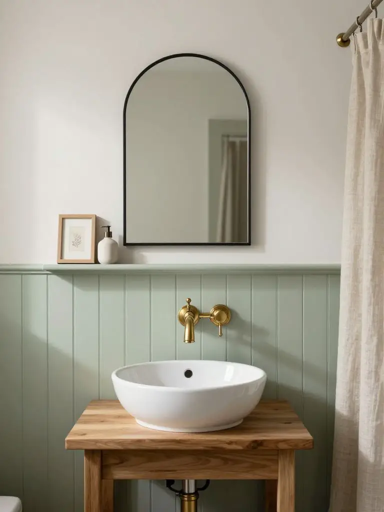 A minimalist sage beadboard bathroom with soft sage vertical paneling halfway up the wall and warm white paint above.