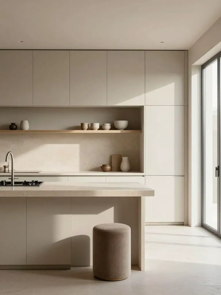 A minimalist Scandinavian kitchen designed with soft beige flat-panel cabinetry and integrated storage for a seamless look.