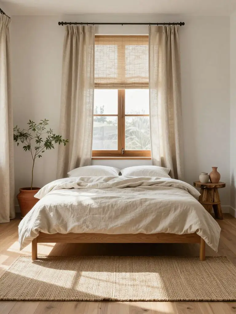 Design a minimalist sustainable home decor bedroom with organic bedding and natural materials.