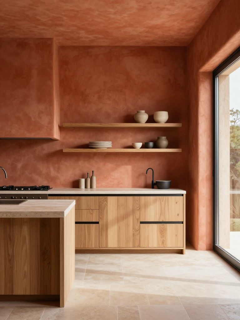 A warm minimalist earthy kitchen wrapped in terracotta limewashed plaster walls, blending Mediterranean and modern rustic style.