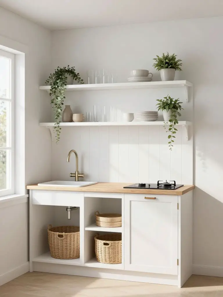 A minimal white tiny home kitchen emphasizing vertical open storage with two long white floating shelves mounted above a compact sink and co.