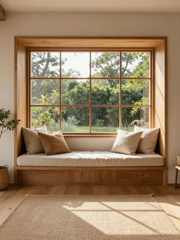 A minimalist Japanese Scandinavian window bench nook framed in warm natural oak with expansive views of greenery outside.
