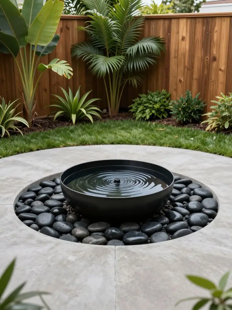 A serene small backyard Zen garden featuring a minimalist circular water fountain centered within a ring of smooth black river stones.