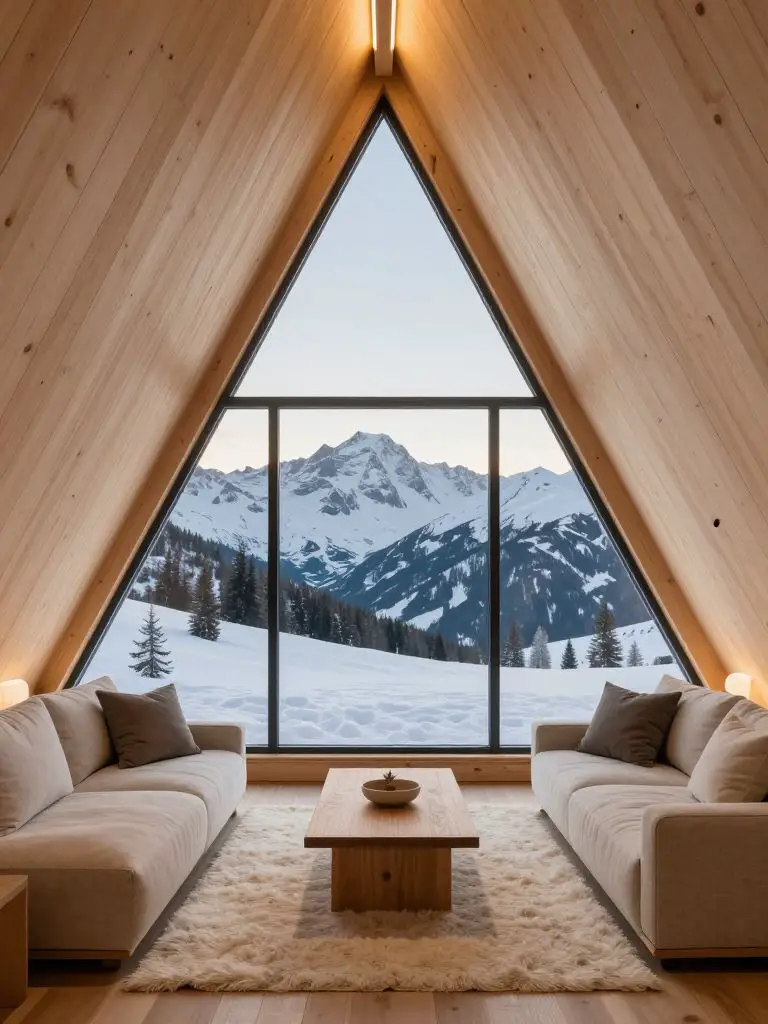 A minimalist A-frame mountain cabin interior featuring a full triangular glass wall that opens to snow-covered alpine peaks.