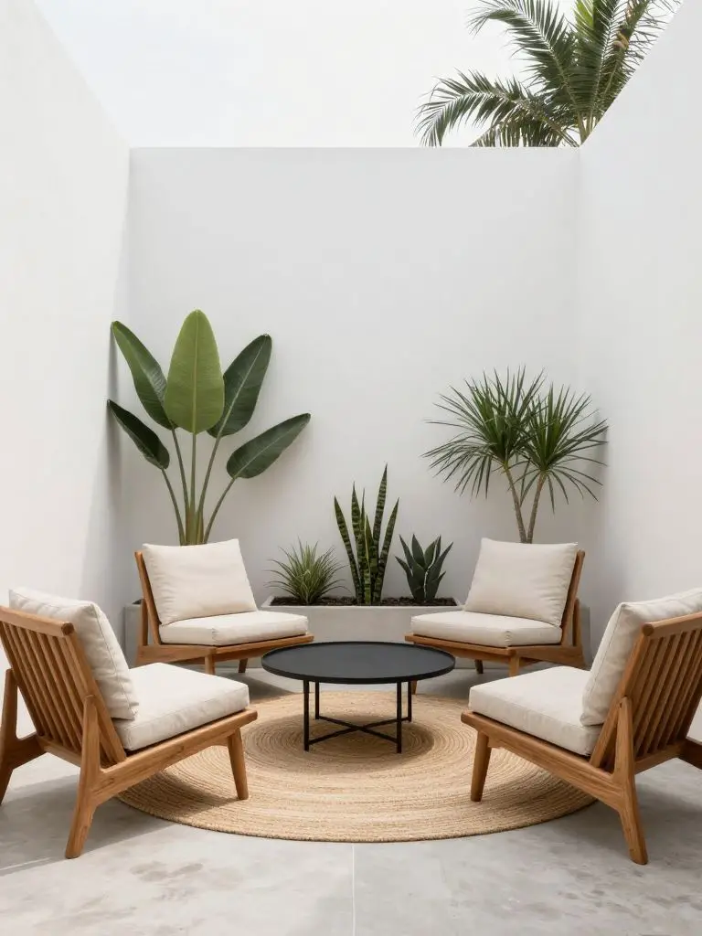 A minimalist courtyard seating arrangement designed for a compact backyard, styled in Warm Minimalist with Scandinavian influence.