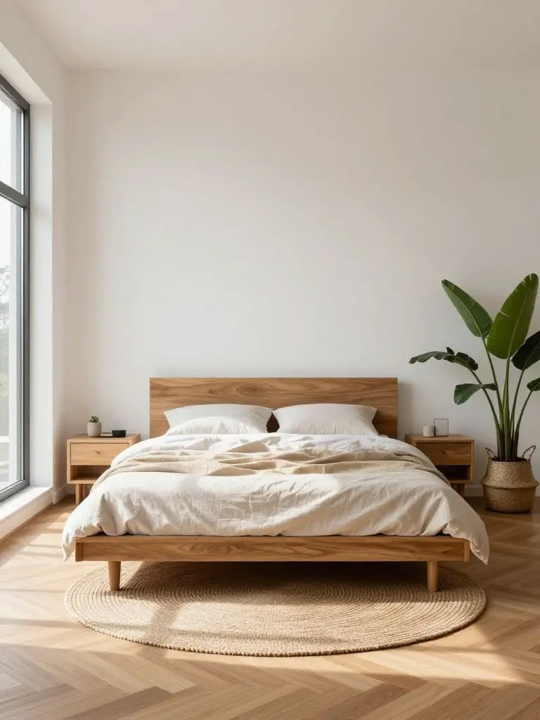 Minimalist sustainable bedroom featuring solid wood platform bed and biophilic indoor plants.