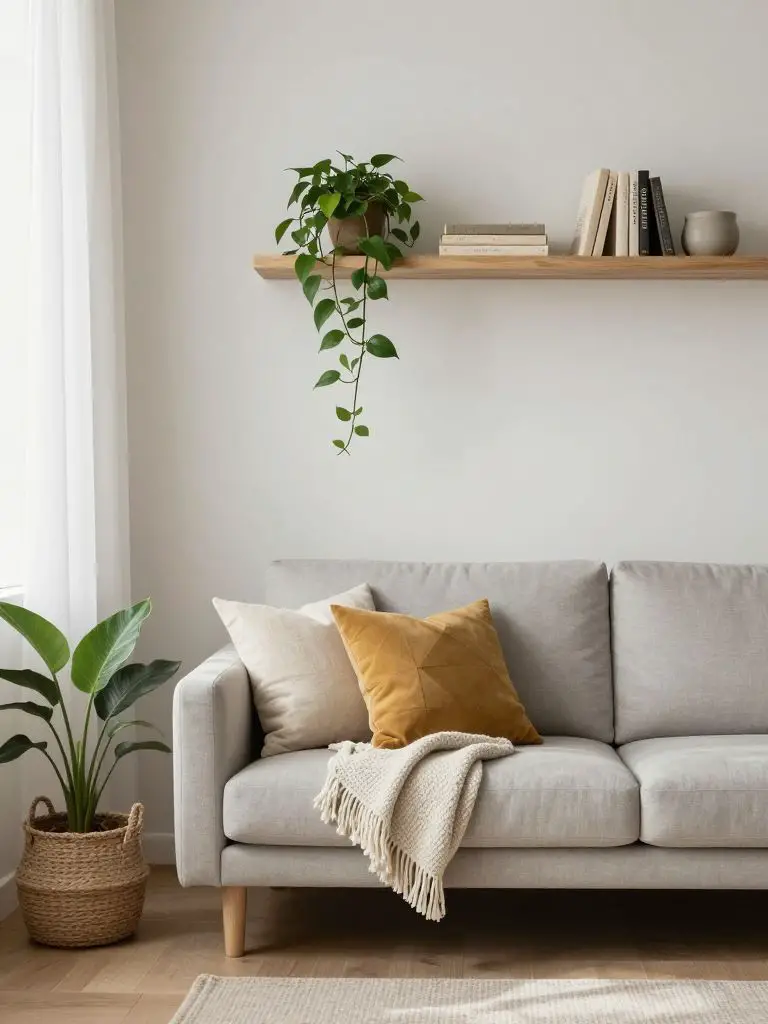 A minimalist neutral living room corner styled in a Warm Minimalist and Modern Rustic blend, centered around a soft light-gray sofa position.