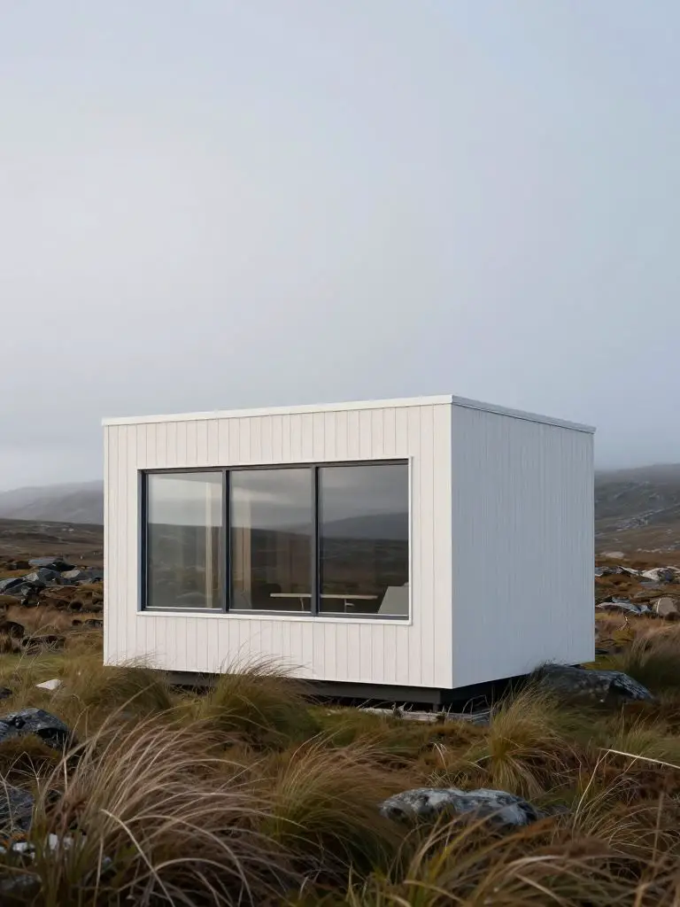 Photograph a minimalist Nordic-inspired cabin nestled in wild tundra, its geometric form clad in pale, matte-finish vertical spruce boards w.