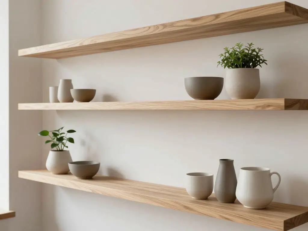 interior photography of minimalist floating wooden shelves in natural ash wood displaying curated pottery and single plant, abundant negativ.