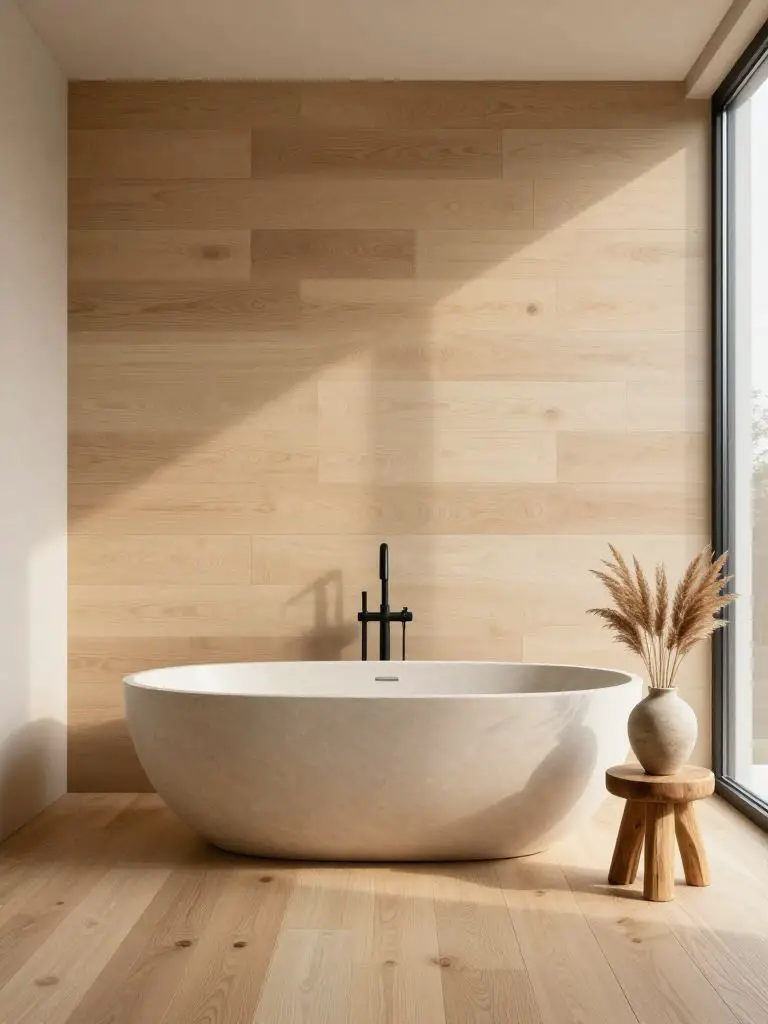 A minimalist Japandi bathroom featuring a freestanding oval soaking tub in matte stone positioned against a horizontal light oak plank wall.