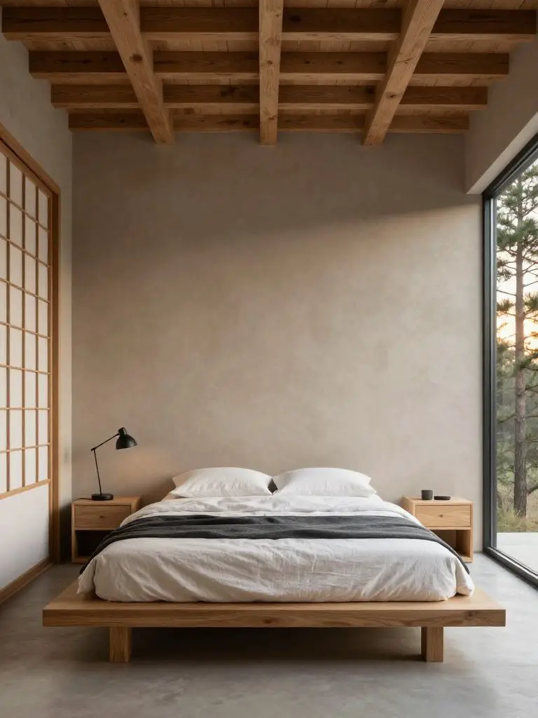A minimalist Scandinavian and Japanese design style bedroom featuring exposed light wood ceiling beams and a low oak platform bed centered a.