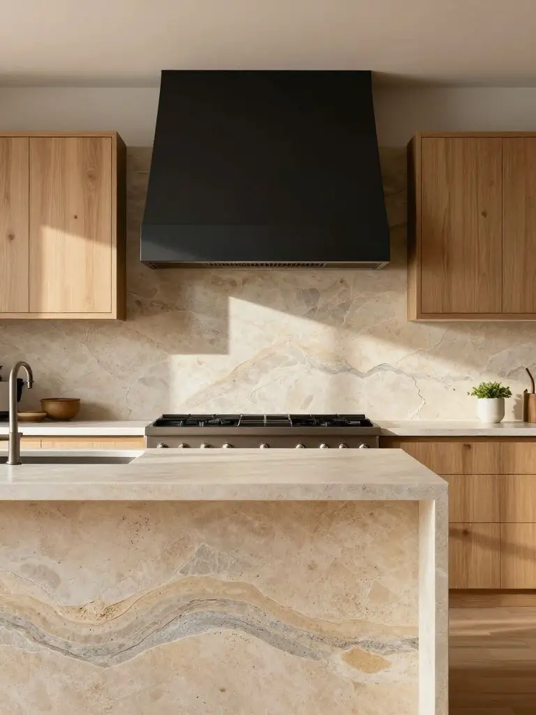 A modern farmhouse kitchen renovation highlighting a textured natural stone backsplash spanning the width behind a matte black range hood.