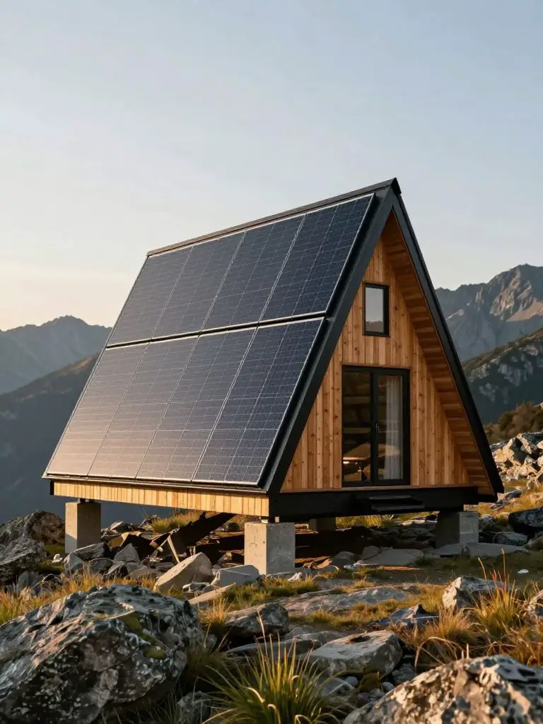 Capture a hyper- architectural exterior photograph of a modern off-grid A-frame cabin dramatically rising from rugged, rocky alpine terrain.