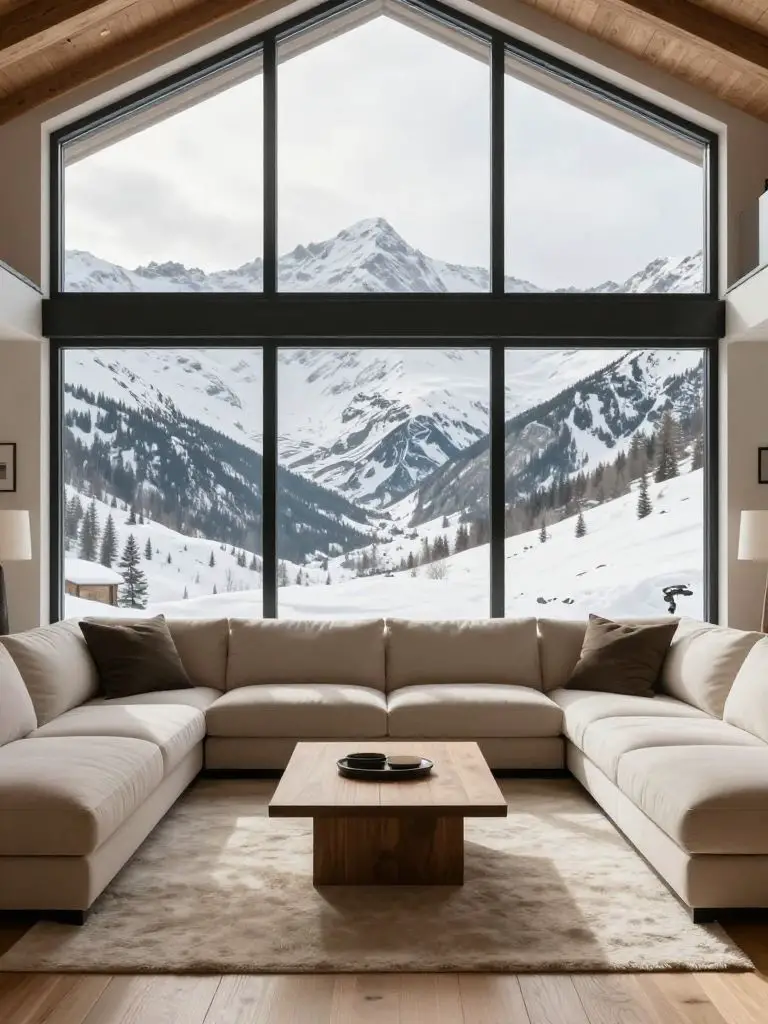 A modern alpine living room with floor-to-ceiling black-framed windows revealing sweeping snow-covered mountain slopes.