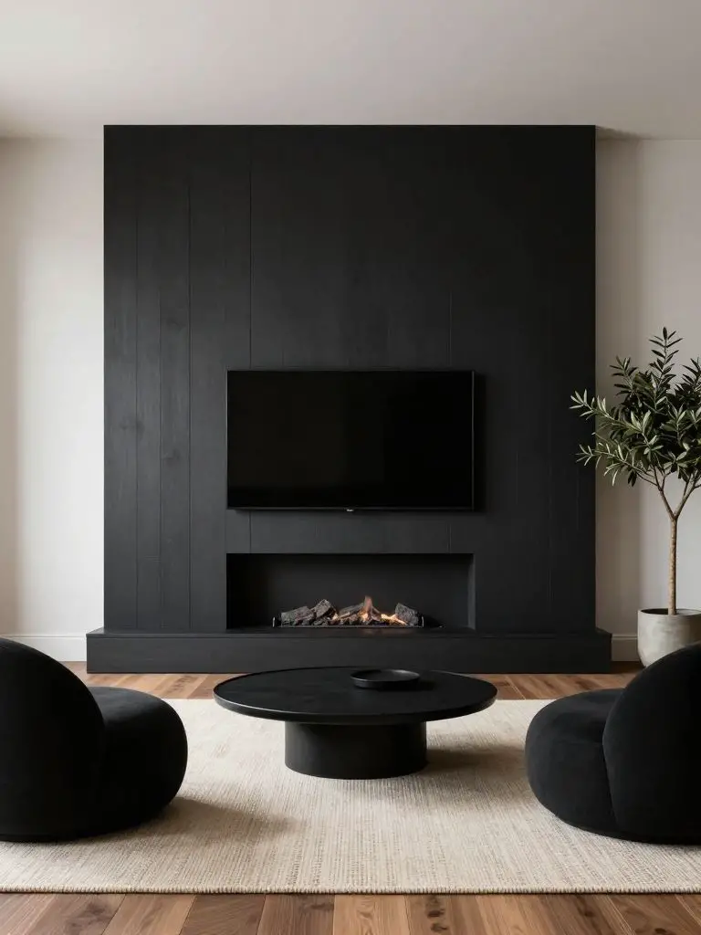 A modern minimalist living room featuring a bold black accent fireplace wall as the hero backdrop.