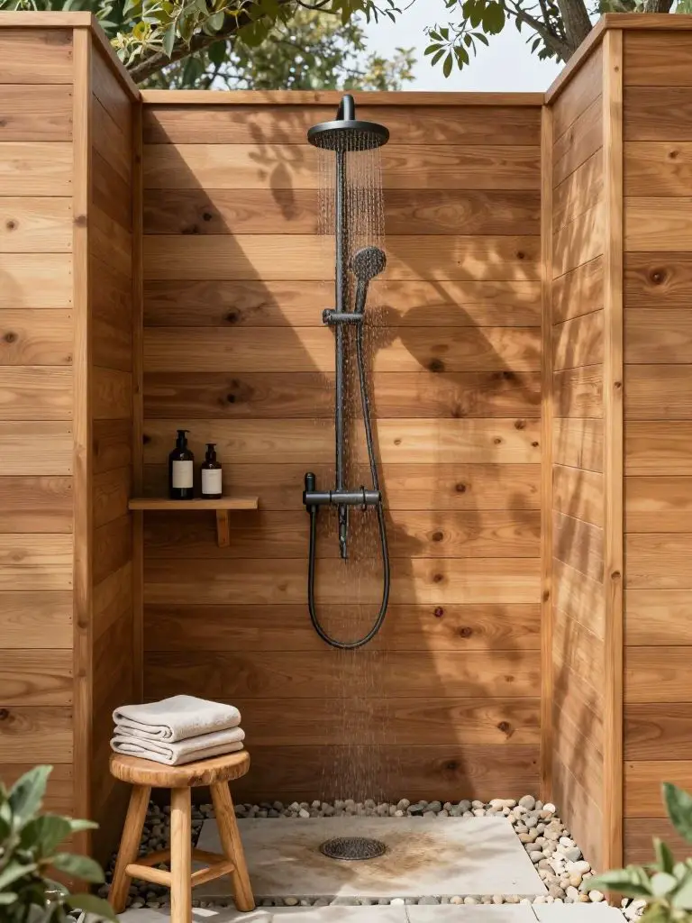 An outdoor off grid shower framed by horizontal cedar slat privacy walls in a warm minimalist and modern rustic blend.
