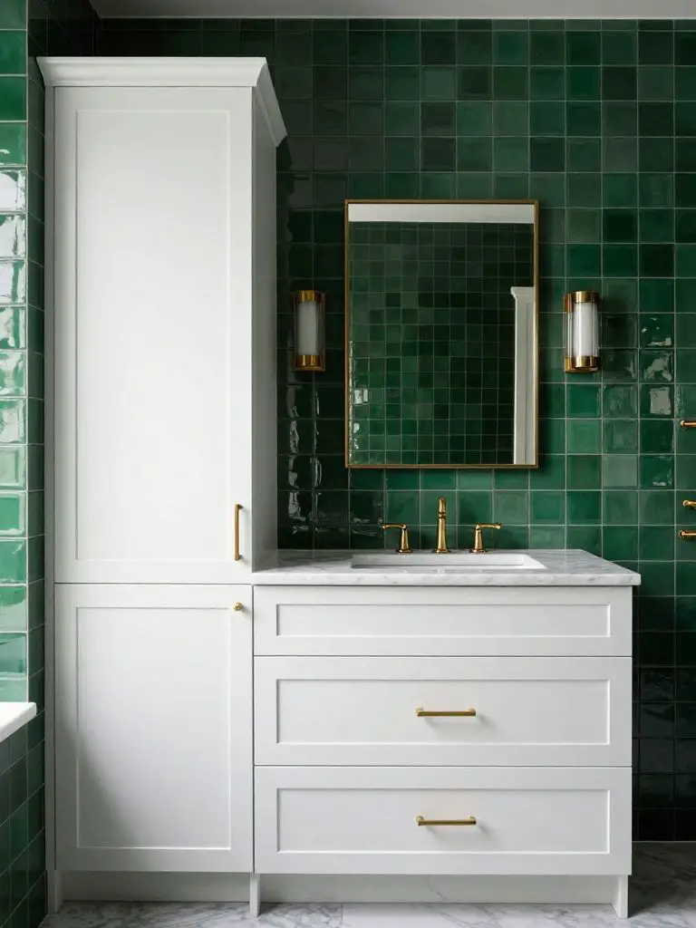 A modern dark green bathroom featuring glossy square tiles paired with crisp white shaker cabinetry.