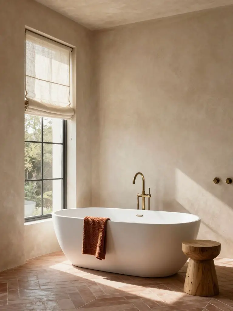 A serene modern earthy bathroom designed in a Warm Minimalist + Modern Rustic style featuring a sculptural freestanding soaking tub position.