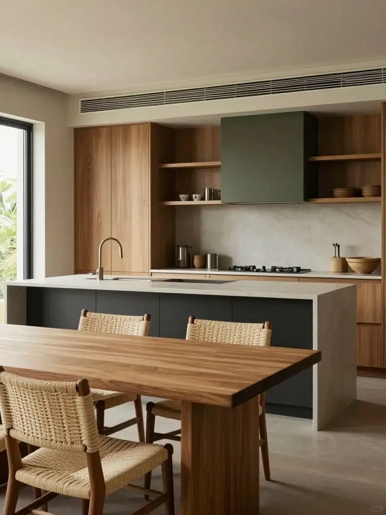 A modern earthy kitchen and dining space blending mixed wood cabinetry and woven dining chairs in a Warm Minimalist style.