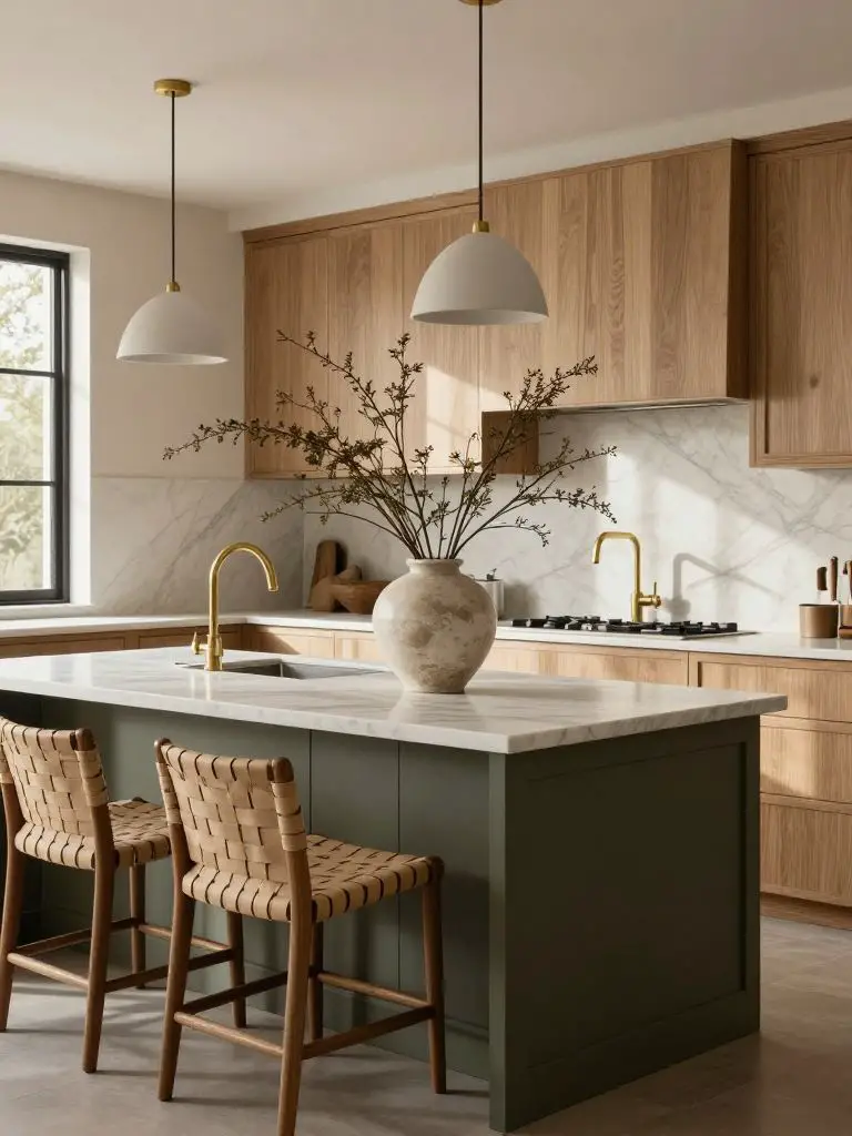 A refined modern earthy kitchen with a painted deep olive island base and woven leather counter stools in a Warm Minimalist + Modern Rustic.