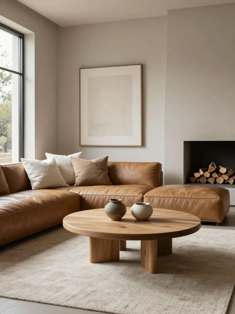A modern cozy earthy living room featuring a low rounded solid oak coffee table centered on a textured ivory rug.