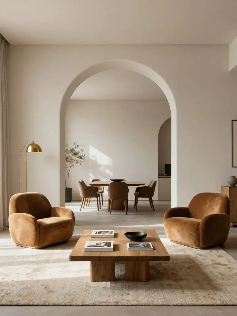 A sophisticated modern earthy living room framed by elegant arched doorways in a Warm Minimalist style.