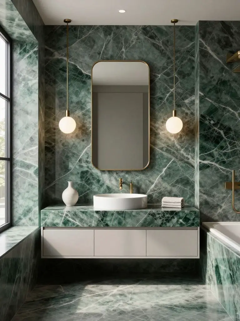 A sleek modern emerald marble bathroom in a contemporary minimalist style.