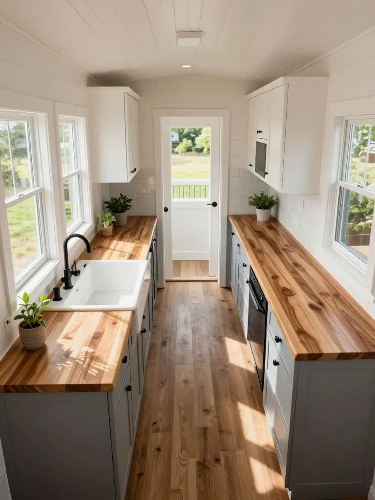 A modern farmhouse tiny home kitchen with gray lower cabinets, white upper cabinetry, and rich butcher block countertops.