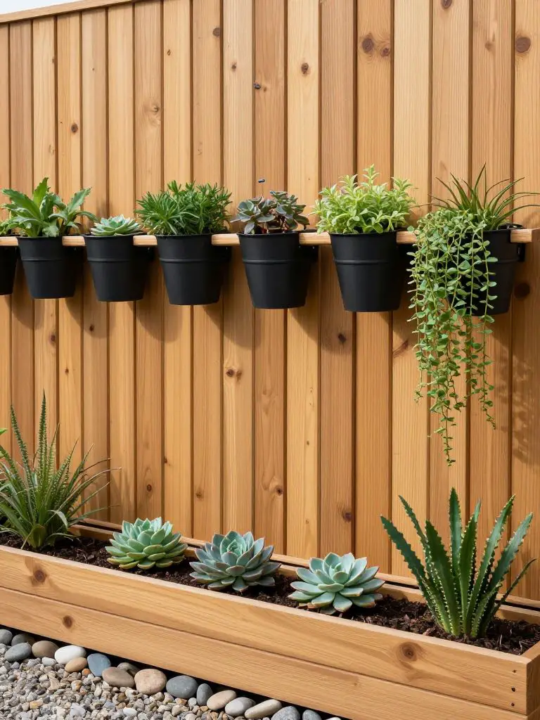 A modern fence-mounted planter wall installed on warm cedar vertical boards in a compact garden setting.