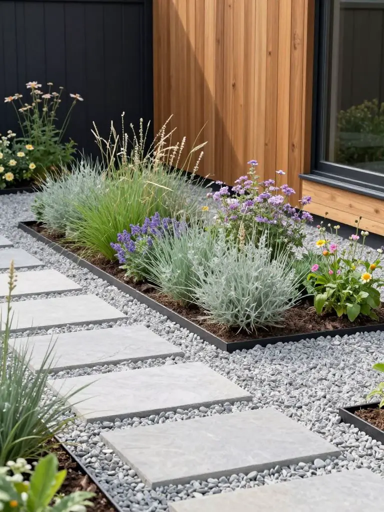 A modern small front yard garden designed with clean lines and structured planting beds.