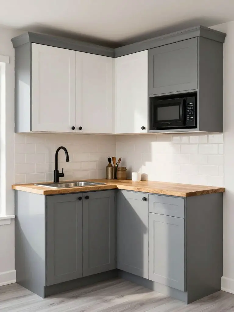A modern gray tiny home kitchen featuring slate gray lower cabinets, white upper cabinetry, and rich butcher block countertops in a compact.