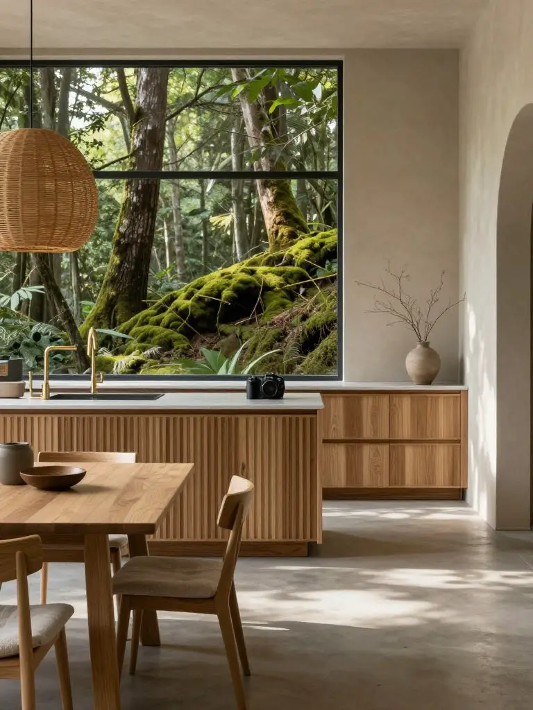 Photograph a minimalist Scandinavian-inspired kitchen seamlessly integrated into a modern green refuge nestled deep within a lush woodland s.