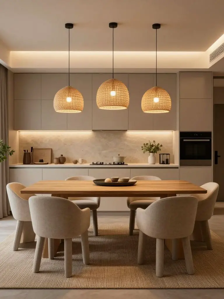 A modern Japandi dining area blending seamlessly into an open kitchen, featuring a rectangular oak dining table centered on a textured woven.