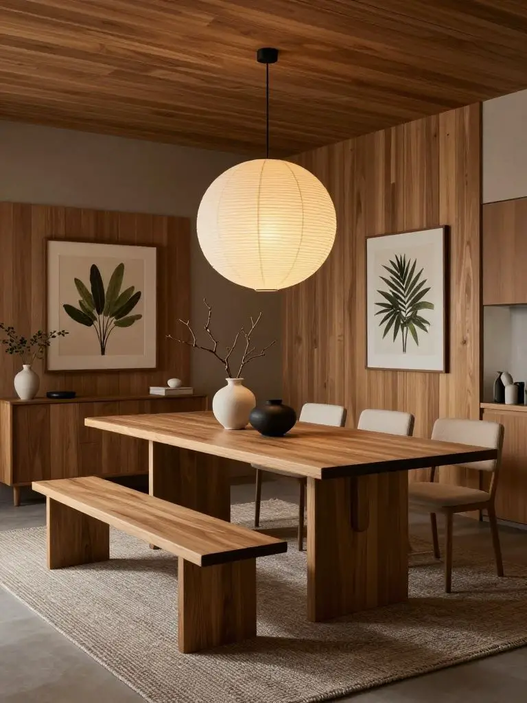 A modern Japandi dining room with a rectangular solid wood table centered on a textured woven rug in warm greige.