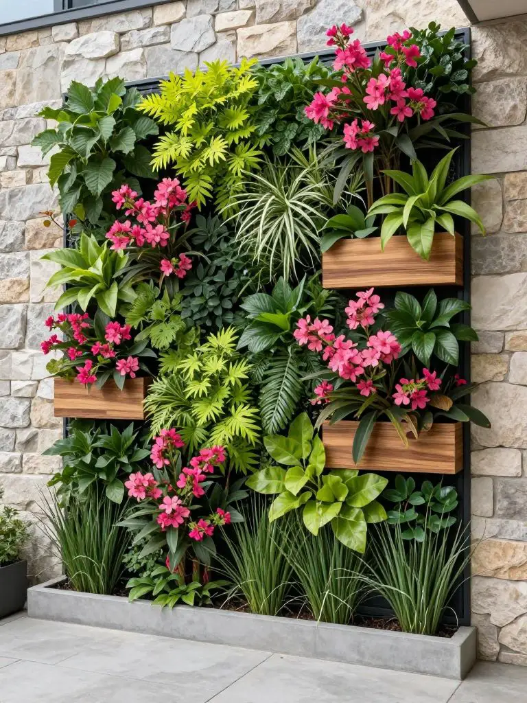 A contemporary small patio featuring a lush vertical living wall installation in Modern Rustic style.