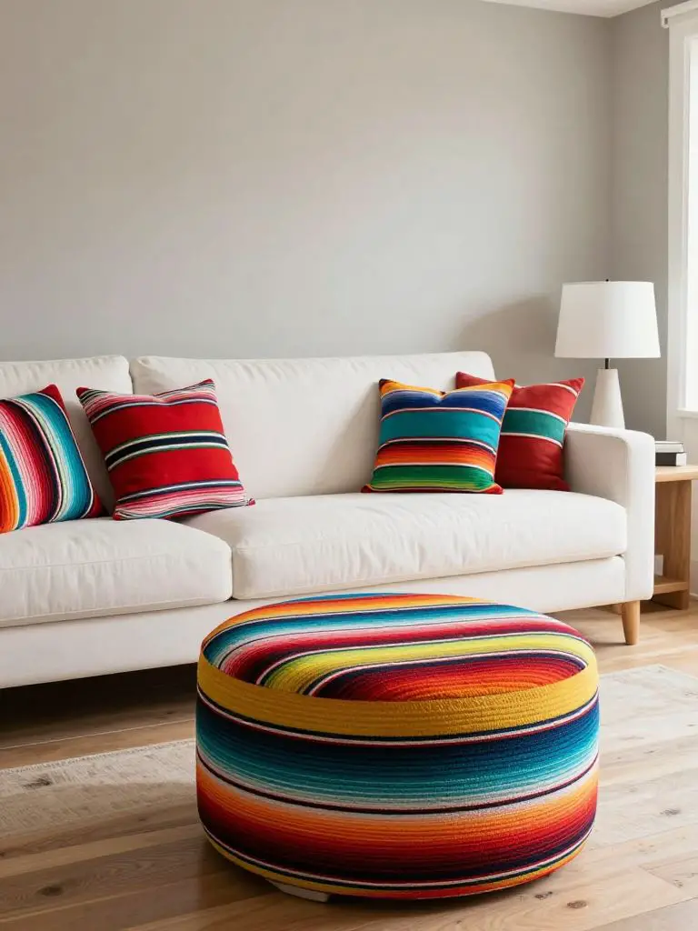 A modern Mexican living room with a crisp white sofa as the hero subject, layered with vibrant striped serape pillows in red, turquoise, lim.