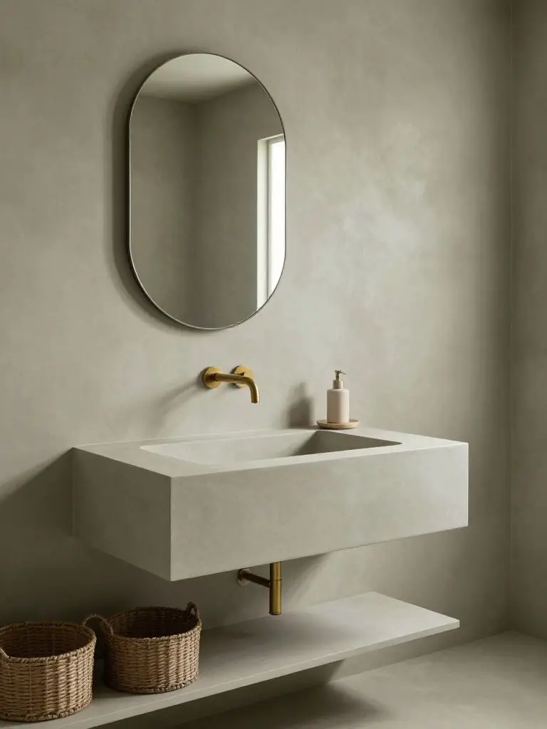 A contemporary microcement bathroom finished in seamless muted sage walls and integrated sink vanity in matching tone.