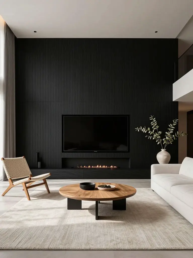 A modern stylish minimalist living room with a dramatic vertical black slat accent wall framing a sleek built-in fireplace and wall-mounted.